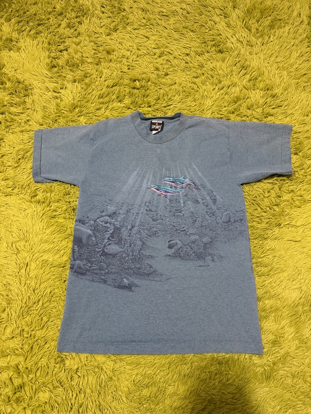 Vintage 90s Ocean Dolphins AOP All Over Print Graphic T-shirt Size Medium Blue